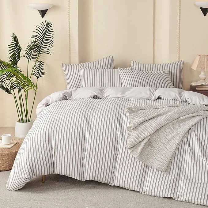 World-Class Luxury Grey Comforter Set Queen – Washed Microfiber 3 Pieces Jacquard Bedding White amp Grey Vertical Ticking Stripes Pattern Comforter with 2 Pillowcases Soft Breathable Durable Comfy Powerful