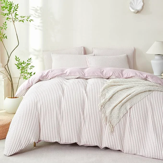 Traditional King Size Comforter Set Striped Light Purple Soft Luxury Washed Microfiber Jacquard 3 Pieces Bedding Purple Vertical Ticking Stripes Comforter with 2 Pillowcases Breathable Durable Comfy Next-Generation