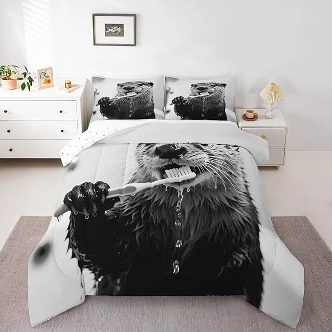 Elegant Erosebridal Sea Otter Bedding Set King Size Cute Animal Comforter Set for Kids Boys Girls Kawaii Marine Brush Teeth White Beige Grey Comforter Warm Soft Quilt Insert Stylish