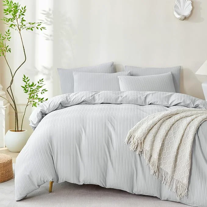 Fashionable Light Grey Comforter Set King Soft Luxury Washed Microfiber Jacquard 3 Pieces Bedding Set Grey Vertical Ticking Stripes Pattern Comforter with 2 Pillowcases Breathable Durable Comfy Convenient