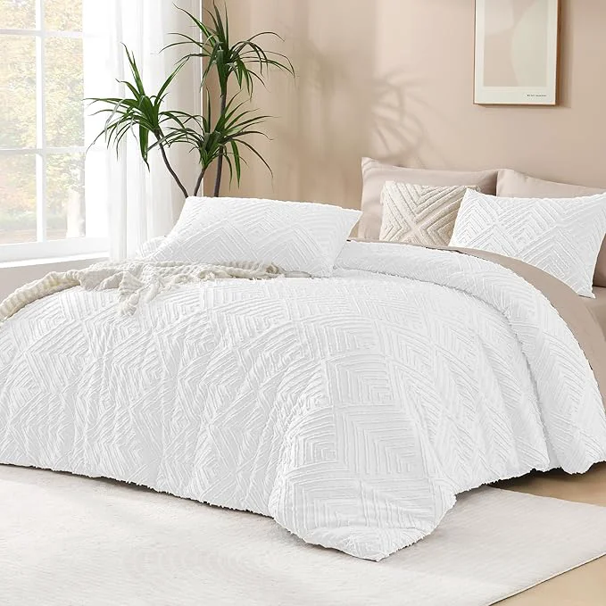 Fine Crafted Andency White Oversized King Comforter 120 quot x98 quot 3 Pieces White Boho Bedding Set amp Collections Farmhouse Tufted Fluffy Bed Set 1 Comforter 2 Pillowcases Green