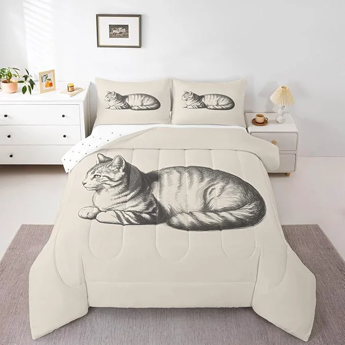 Exclusive Erosebridal Cat Comforter Set Queen Size Kitten 3D Quilt Insert for Kids Boys Girls Kawaii Sketch Animal Cute Beige White Comforter Warm Soft Bedding Set Casual