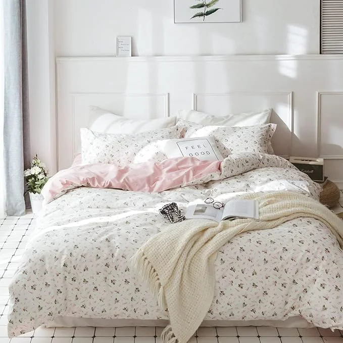 Solid Floral Comforter Set Full Soft Bedding Comforter Set 3 Pieces Garden Style Pink Flower Print Botanical Flowers Comforter Set for All Seasons 1 Comforter and 2 Pillowcases Floral Full Classic