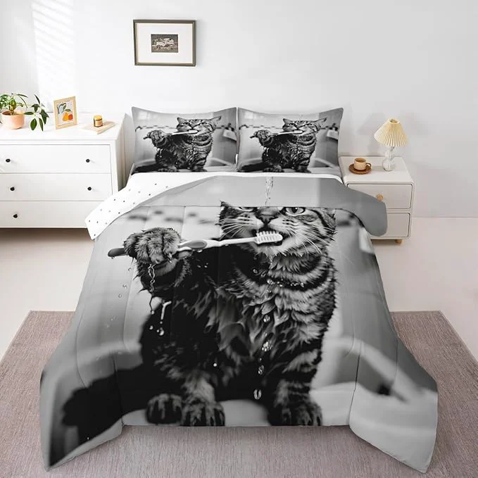 Original Erosebridal Kitten Bedding Set Full Size Cute 3D Comforter Set for Kids Boys Girls Toothbrush Kawaii Animal White Black Comforter Warm Soft Quilt Insert Reusable