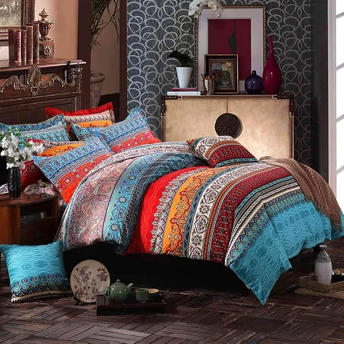 Green Bohemian King Comforter Set Soft Chic 3 Pieces Bedding Comforter Set Lightweight Exotic Red Teal Boho Mandala Colorful Vintage Comforter Bed Set for All Seasons Outstanding