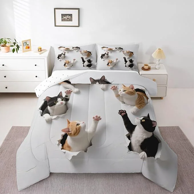 Efficient Erosebridal Kawaii Cats Bedding Set King Size 3D Kitten Comforter Set for Kids Boys Girls Paw Cute Pet Animal White Yellow Black Comforter Warm Soft Quilt Insert Eco-Friendly