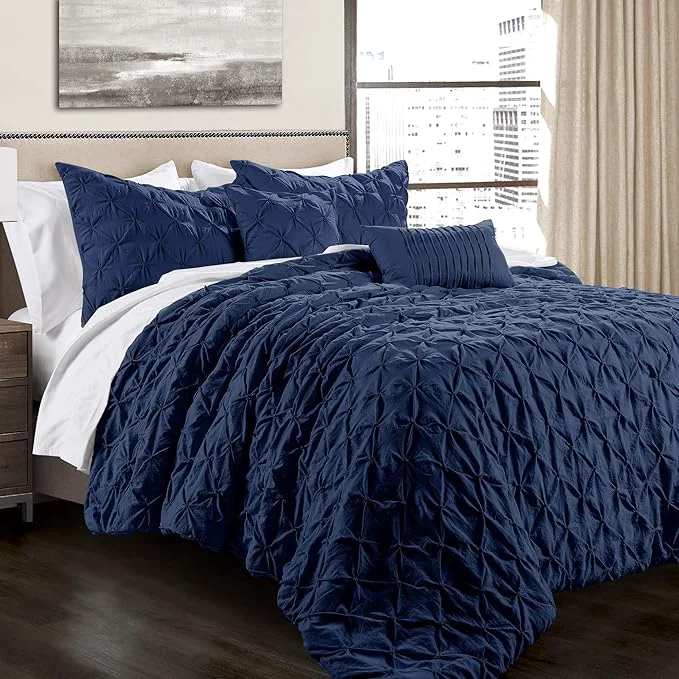 Expertly Made Lush Decor Ravello Pintuck Comforter Set – Luxe 5 Piece Textured Bedding Set – Traditional Glam amp Farmhouse Inspired Bedroom Decor – Full Queen Navy First-Class