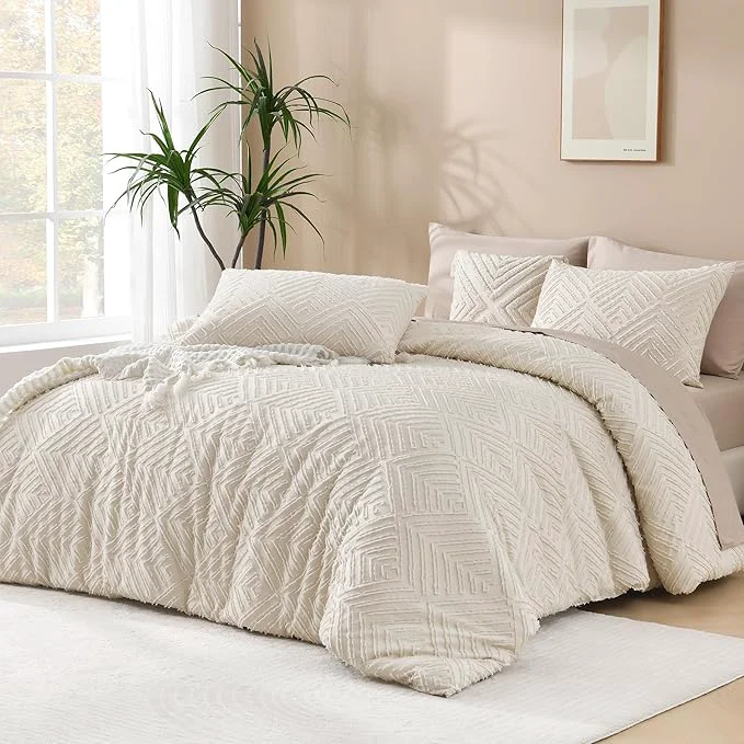 High-Quality Andency Beige California King Comforter Set 3 Pieces Cream Boho Tufted Cal King Bedding Set amp Collections Soft Lightweight Down Bed Set 104x96In 2 Pillowcases Artisan