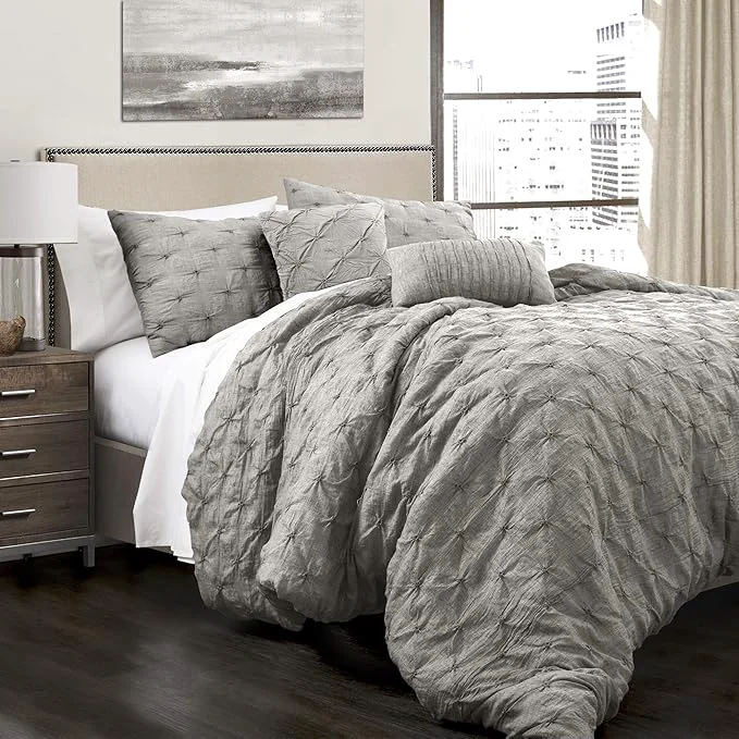 Versatile Lush Decor Ravello Pintuck Comforter Set – Luxe 5 Piece Textured Bedding Set – Traditional Glam amp Farmhouse Inspired Bedroom Decor – King Gray Advanced