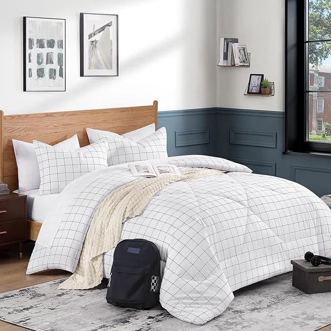 Quality Andency White Grid Comforter Set Twin Size 66×90 Inch 2 Pieces 1 Grid Comforter and 1 Pillowcase Summer Lightweight Microfiber Down White Comforter with Black Lines for Kids Girls Premium Material