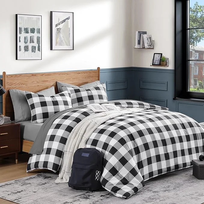 Sustainable Andency Black Grey White Plaid Comforter Set Full Size 79×90 Inch 3 Pieces 1 Gingham Comforter and 2 Pillowcases Summer Lightweight Microfiber Buffalo Check Down Comforter Set Fashionable