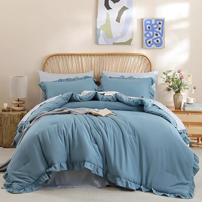 Casual JANZAA Twin Comforter Set Mineral Blue Ruffle Comforter with 1 Pillowcase Soft Twin Size Bed Set Vintage Farmhouse Bed Comforter Set Fluffy Shabby Chic Bedding for All Season Unique