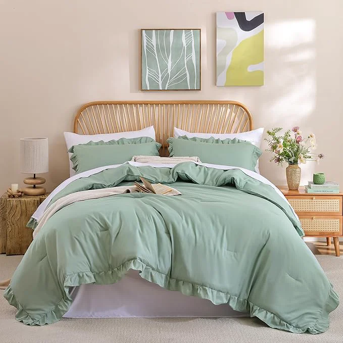 Secure JANZAA King Size Sage Green Comforter Set 3PCS 1 Ruffled Comforter Set and 2 Pillowcases Fluffy Vintage Farmhouse Shabby Chic Bedding Soft All Season Minimalist