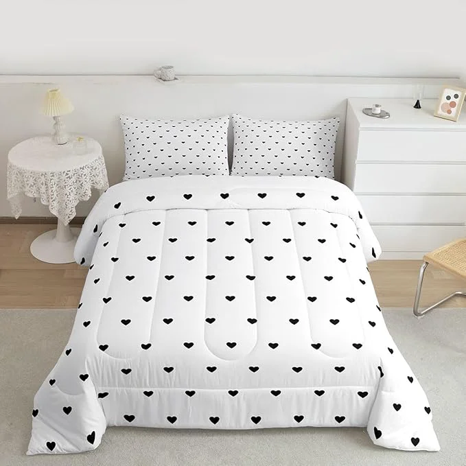 Fashionable Erosebridal White Black Comforter Set Cute Heart Pattern Bedding Set Girly Cartoon Love Geometric Down Comforter Queen Size Cute Quilt Set for Kids Girls Boys Teens Bedroom Decor Soft Duvet Set Top-Quality