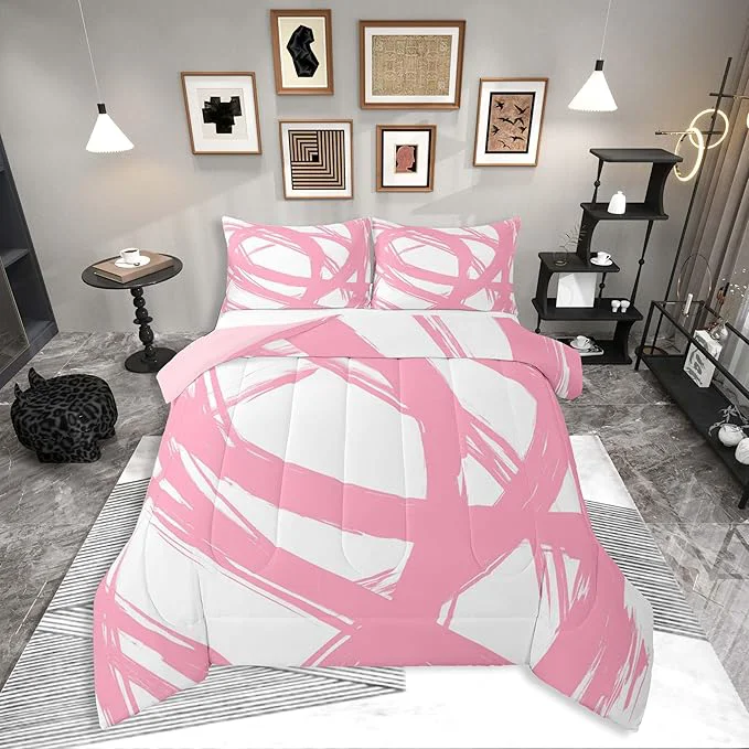 Trusted Pink and White Striped Bedding Set Full Size for Adults Youth Teens Contemporary Boho Modern Art Comforter Set Graffiti Stripes Lines Quilt Aesthetic Geometric Duvet Insert for Minimalists Stylish