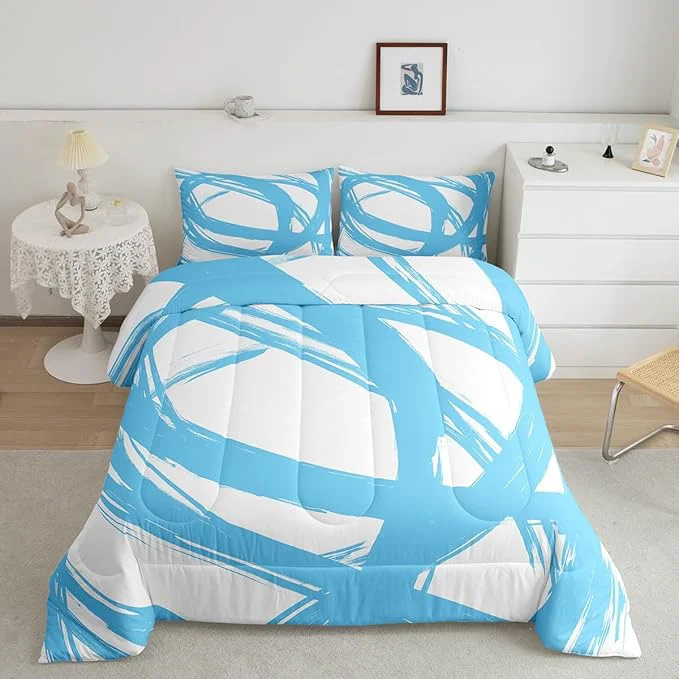 Efficient Blue and White Striped Bedding Set Full Size for Adults Youth Teens Contemporary Boho Modern Art Comforter Set Graffiti Stripes Lines Quilt Aesthetic Geometric Duvet Insert for Minimalists Relaxed