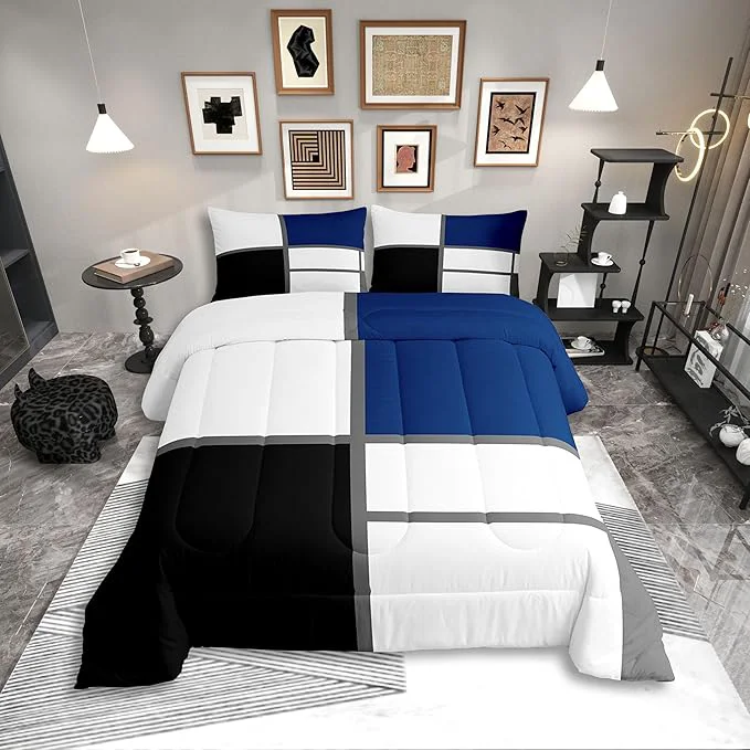 Fine Crafted Erosebridal Geometric Abstract Toddler Comforter Blue and White Striped Bedding Set Square Grid Duvet Insert Modern Art Patchwork Bed Sets for Minimalist User-Friendly