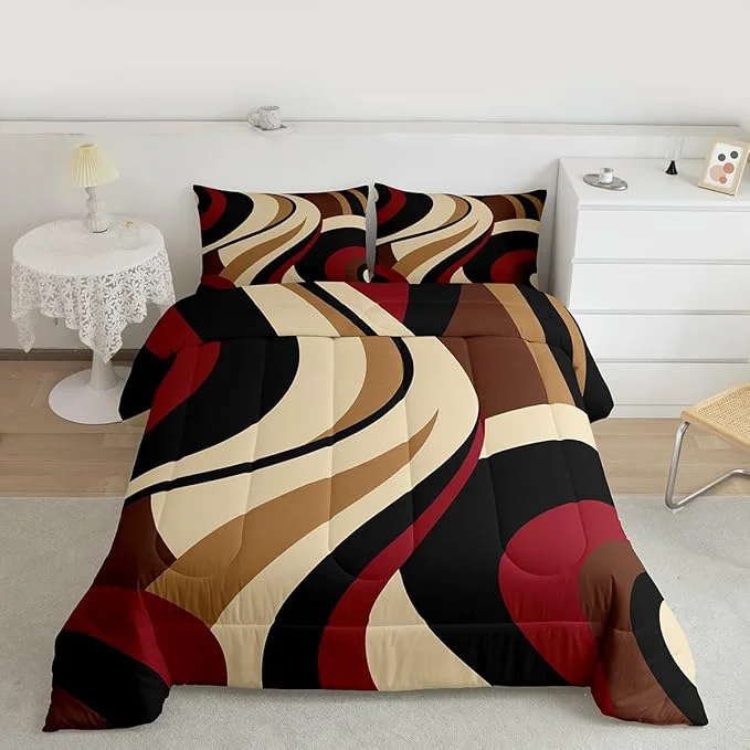 Lightweight Red Brown Spiral Toddler Comforter for Adult Women Men Modern Swirls Stripes Abstract Bedding Set for Minimalists Boho Aesthetic Geometric Bed Sets Graffiti Art Lines Quilt Duvet Insert Solid