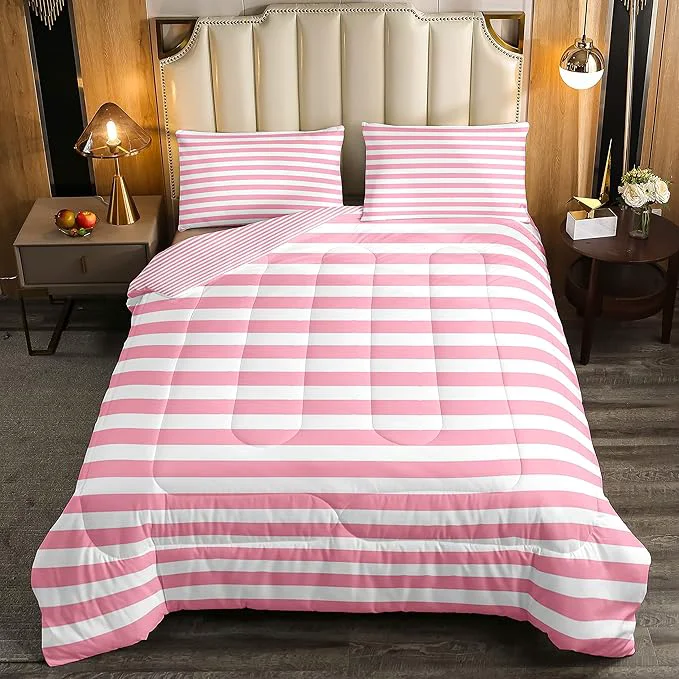Proven Pink Striped Comforter Set for Kids Girls Red White Stripe Bedding Set King Farmhouse Ticking Stripes Women Reversible Down Comforter Decor Horizontal Stripes Geometric Lines Lightweight Duvet Set Advanced