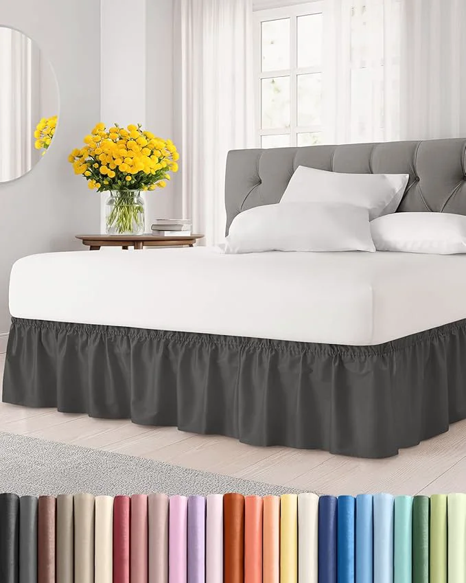 Natural Wrap Around Dust Ruffle Bed Skirt – Charcoal – Twin Twin XL Size Beds w 15 Inch Drop – Easy Fit Elastic Strap – Adjustable Pleated Bedskirt w Brushed Fabric – Wrinkle – Women Men Kids amp Teens Durable