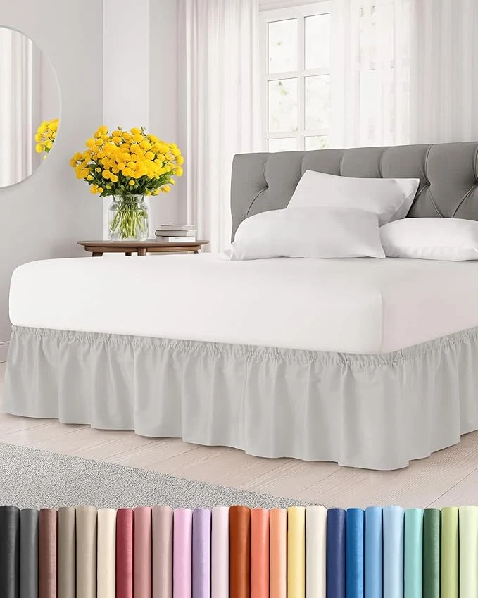 Premium Material Wrap Around Dust Ruffle Bed Skirt – French Grey – for King Size Beds w 12 Inch Drop – Easy Fit Elastic Strap – Adjustable Pleated Bedskirt w Brushed Fabric – Wrinkle Women Men Kids amp Teens Original
