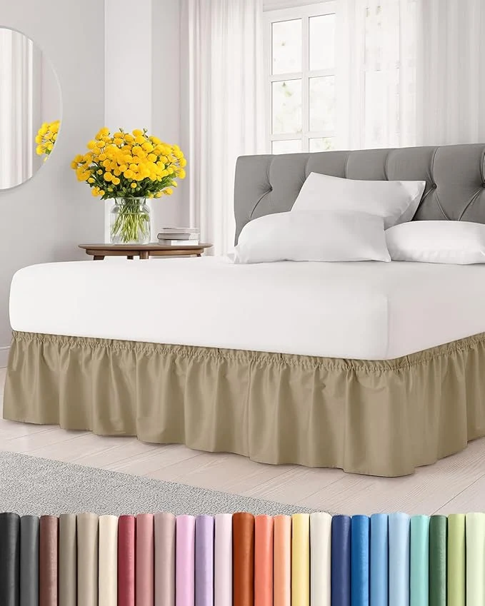 Specialty Wrap Around Dust Ruffle Bed Skirt – Beige – for Full Size Beds with 21 Inch Drop – Easy Fit Elastic Strap – Adjustable Pleated Bedskirt w Brushed Fabric – Wrinkle – for Women Men Kids amp Teens Modern