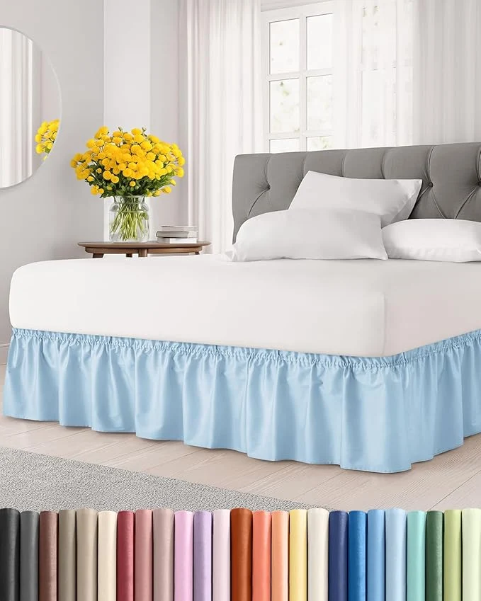 Refined Wrap Around Dust Ruffle Bed Skirt – Light Blue – for King Size Beds with 24 Inch Drop – Elastic Strap – Adjustable Pleated Bedskirt with Brushed Fabric and Wrinkle – for Women Men Kids amp Teens Healthy