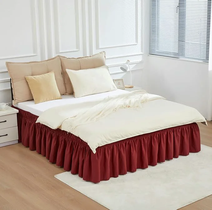 Enhanced RIMELA Wine Red Bed Skirt Queen Size 15 Inch Drop Elastic Bed Skirting for Bed Base and Frame Bedding Dust Ruffle Easy to Install Wrap Around Adjustable Bedskirt Christmas Bedroom Decor Reliable