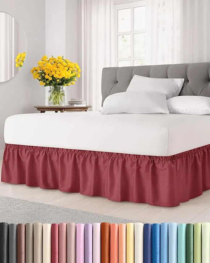 Casual Wrap Around Dust Ruffle Bed Skirt – Burgundy – for Full Size Beds with 12 Inch Drop – Easy Fit Elastic Strap – Adjustable Pleated Bedskirt w Brushed Fabric Wrinkle – for Women Men Kids amp Teens Verified