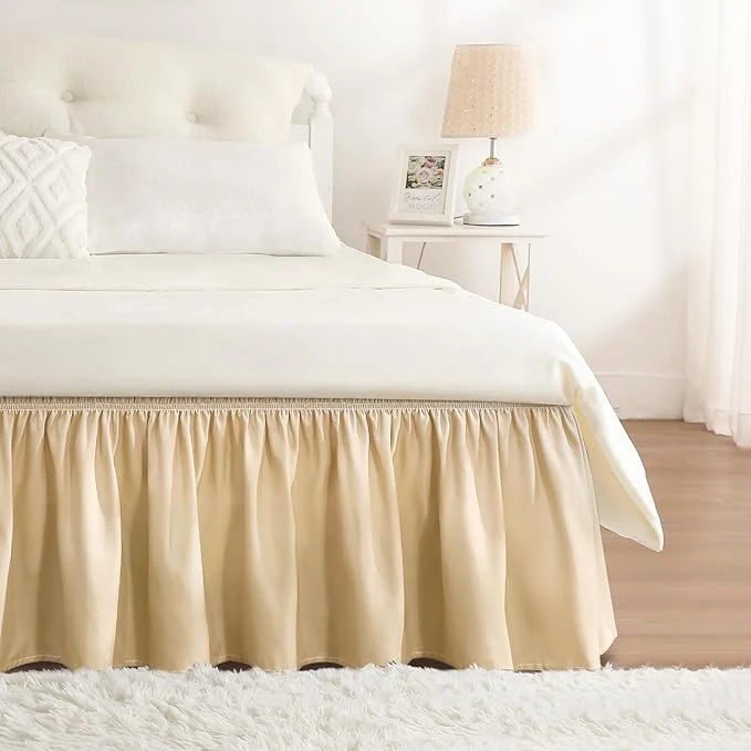 Flexible RIMELA Beige Bed Skirt Queen Size 15 Inch Drop Wrap Around Elastic Bedskirt Dust Ruffle for Adjustable Bed Base Machine Washable Easy to Install Bed Skirts Safe
