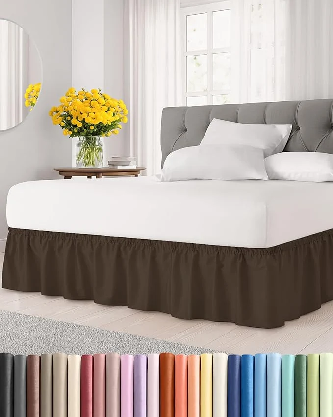 Authentic Wrap Around Dust Ruffle Bed Skirt – Brown – for Full Size Beds with 21 Inch Drop – Easy Fit Elastic Strap – Adjustable Pleated Bedskirt w Brushed Fabric – Wrinkle – for Women Men Kids amp Teens Exclusive