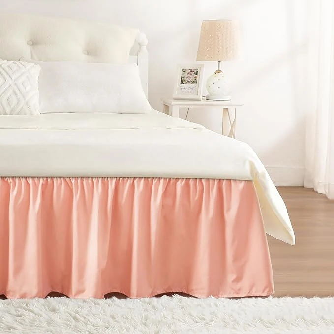 Modern RIMELA Peachy Coral Bed Skirt Queen Size 18 Inch Drop Elastic Bed Skirting for Bed Base and Frame Bedding Dust Ruffle Easy to Install Wrap Around Adjustable Bedskirt Organic