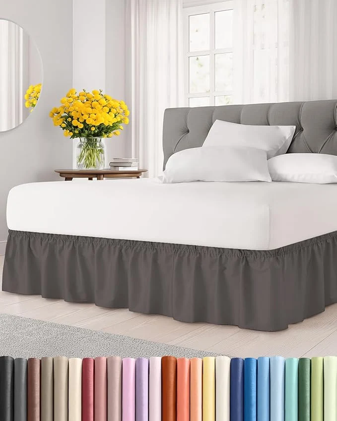 Innovative Wrap Around Dust Ruffle Bed Skirt – Dark Grey – for King Size Beds with 24 Inch Drop – Elastic Strap – Adjustable Pleated Bedskirt with Brushed Fabric and Wrinkle – for Women Men Kids amp Teens Advanced