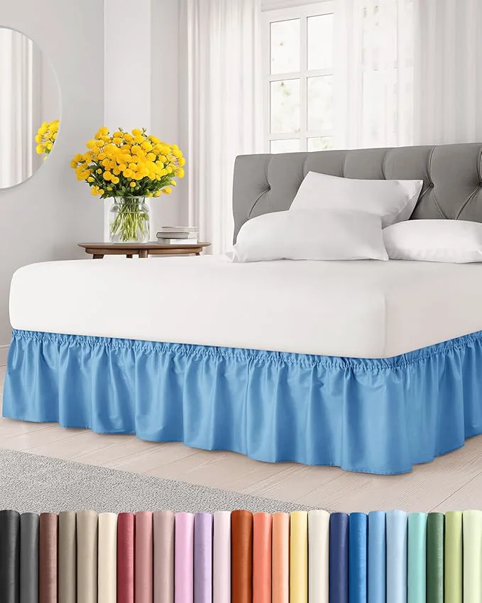 Soft Wrap Around Dust Ruffle Bed Skirt – Denim Blue – for King Size Beds with 18 Inch Drop – Elastic Strap – Adjustable Pleated Bedskirt with Brushed Fabric and Wrinkle – for Women Men Kids amp Teens Flexible