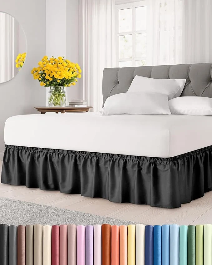 Breathable Wrap Around Dust Ruffle Bed Skirt – Black – for Full Size Beds with 15 Inch Drop – Easy Fit Elastic Strap – Adjustable Pleated Bedskirt w Brushed Fabric – Wrinkle – for Women Men Kids amp Teens Fast