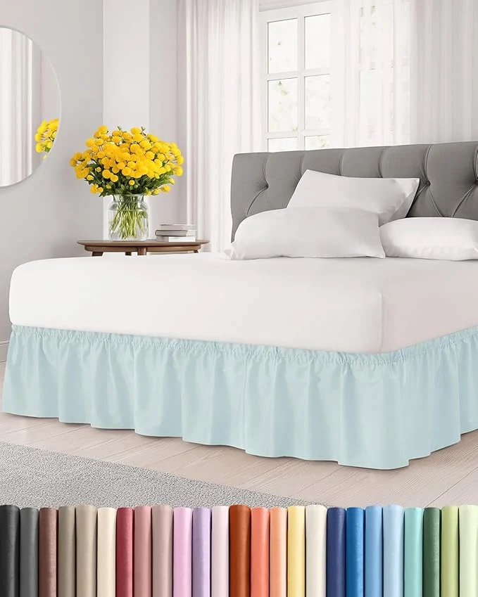 Original Design Wrap Around Dust Ruffle Bed Skirt – Ice Blue – for Full Size Beds w 12 Inch Drop – Easy Fit Elastic Strap – Adjustable Pleated Bedskirt w Brushed Fabric – Wrinkle – for Women Men Kids amp Teens Smooth