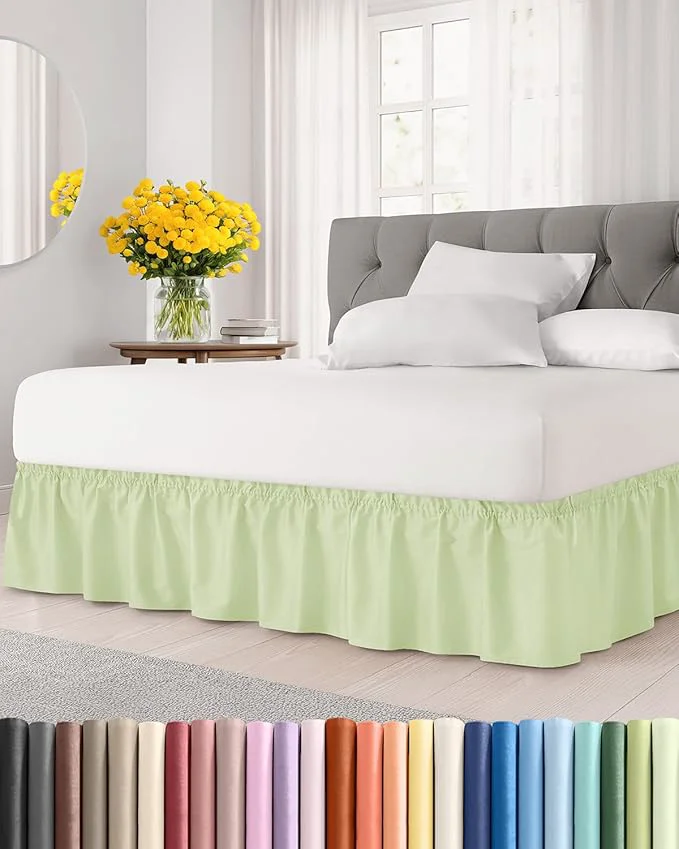 Green Wrap Around Dust Ruffle Bed Skirt – Light Sage – for Full Size Beds w 12 Inch Drop – Easy Fit Elastic Strap – Adjustable Pleated Bedskirt w Brushed Fabric – Wrinkle Women Men Kids amp Teens Advanced