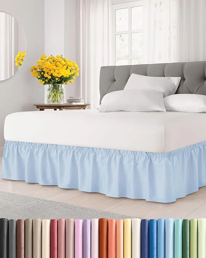 Trusted Wrap Around Dust Ruffle Bed Skirt – Sky Blue – for Queen Size Beds w 12 Inch Drop – Easy Fit Elastic Strap – Adjustable Pleated Bedskirt w Brushed Fabric – Wrinkle Women Men Kids amp Teens Functional