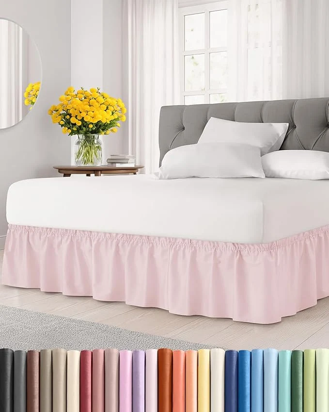 Fast Wrap Around Dust Ruffle Bed Skirt – Lavender Pink – for Queen Size Beds w 12 Inch Drop – Easy Fit Elastic Strap – Adjustable Pleated Bedskirt w Brushed Fabric -Wrinkle Women Men Kids amp Teens Versatile