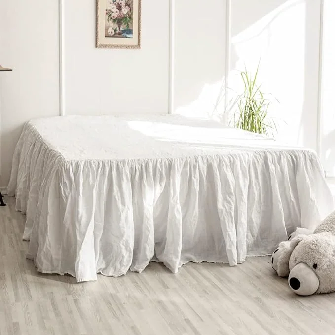 Authentic Simple amp Opulence Belgian Linen Bed Skirt with Classic 16 inch Tailored Drop Dust Ruffle Easy Fit Breathable Premium Natural Flax- Pleated White Queen Casual