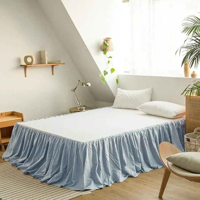 Advanced BISELINA French Linen Bed Skirt with Pleated Frills 22-Inch Tailored Drop Natural Flax Cotton Blend Dust Ruffle Soft Cozy Farmhouse Bedding 22 quot Queen Dusty Blue Authentic