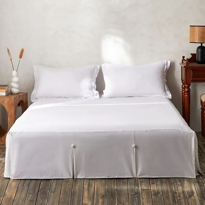 BISELINA French Linen Bed Skirt Split Corner with Button 18-Inch Tailored Drop Natural Flax Cotton Blend Basic Dust Ruffle Soft Cozy 18 quot Queen Button White Powerful