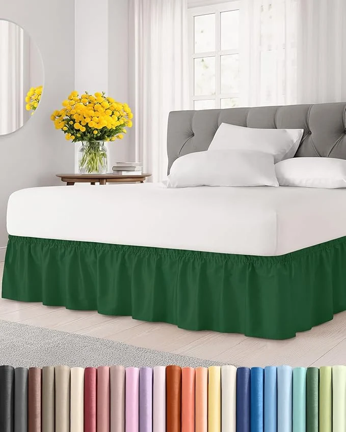 Premium Material Wrap Around Dust Ruffle Bed Skirt – Emerald – for King Size Beds w 15 Inch Drop – Easy Fit Elastic Strap – Adjustable Pleated Bedskirt w Brushed Fabric – Wrinkle – for Women Men Kids amp Teens Clean