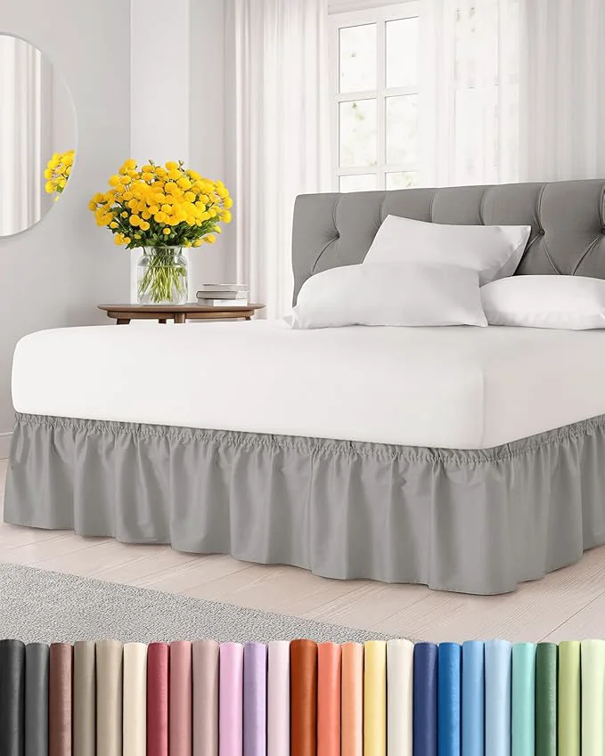 Refined Wrap Around Dust Ruffle Bed Skirt – Light Grey – Twin Twin XL Size Beds with 15 Inch Drop – Elastic Strap – Adjustable Pleated Bedskirt with Brushed Fabric and Wrinkle – Women Men Kids amp Teens Premium