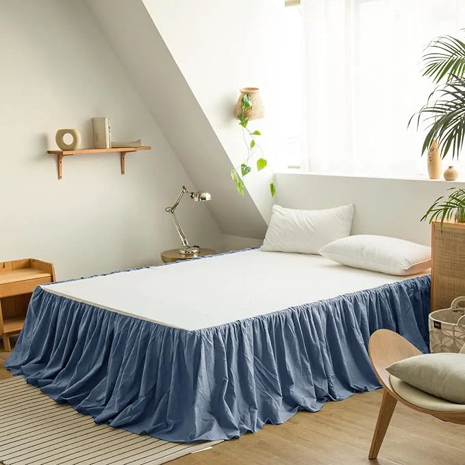 Original BISELINA French Linen Bed Skirt with Pleated Frills 14-Inch Tailored Drop Natural Flax Cotton Blend Dust Ruffle Soft Cozy Farmhouse Bedding 14 quot King Navy Blue Superior