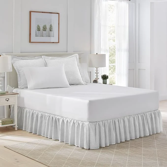 Comfortable Laura Ashley Home – Cotton Ruffled Bedskirt Lightweight amp Classic Style Ticking Stripe Grey Full Trusted