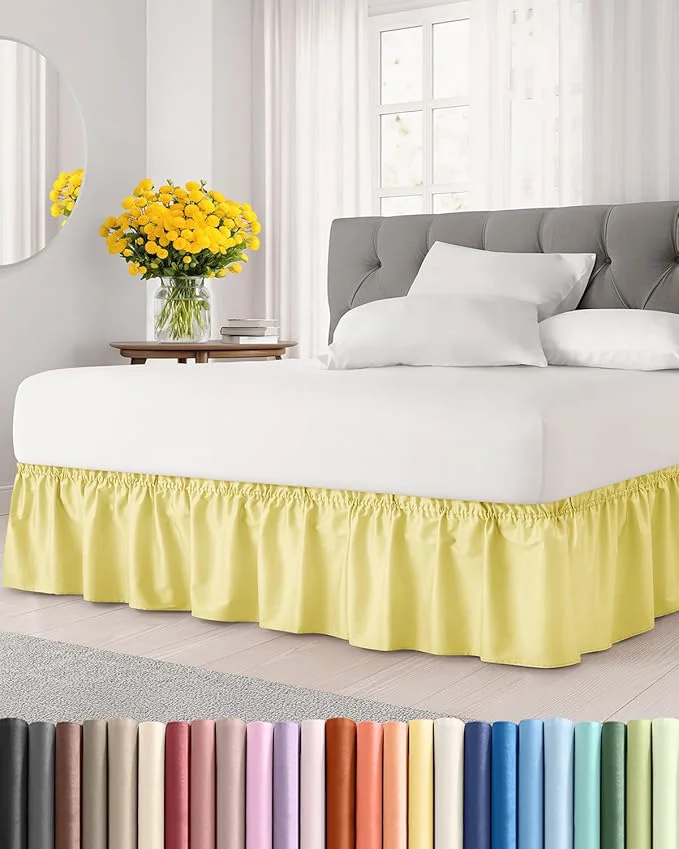 Casual Wrap Around Dust Ruffle Bed Skirt – Yellow – for King Size Beds with 12 Inch Drop – Easy Fit Elastic Strap – Adjustable Pleated Bedskirt w Brushed Fabric – Wrinkle – for Women Men Kids amp Teens Detailed