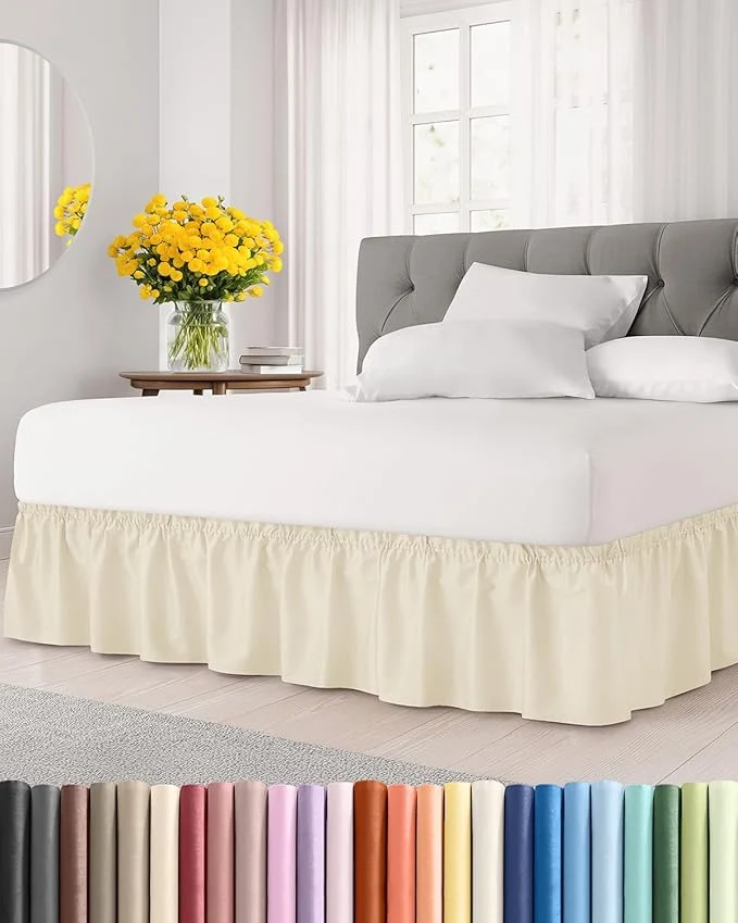 Relaxed Wrap Around Dust Ruffle Bed Skirt – Off White – for King Size Beds w 15 Inch Drop – Easy Fit Elastic Strap – Adjustable Pleated Bedskirt w Brushed Fabric – Wrinkle – Women Men Kids amp Teens Green