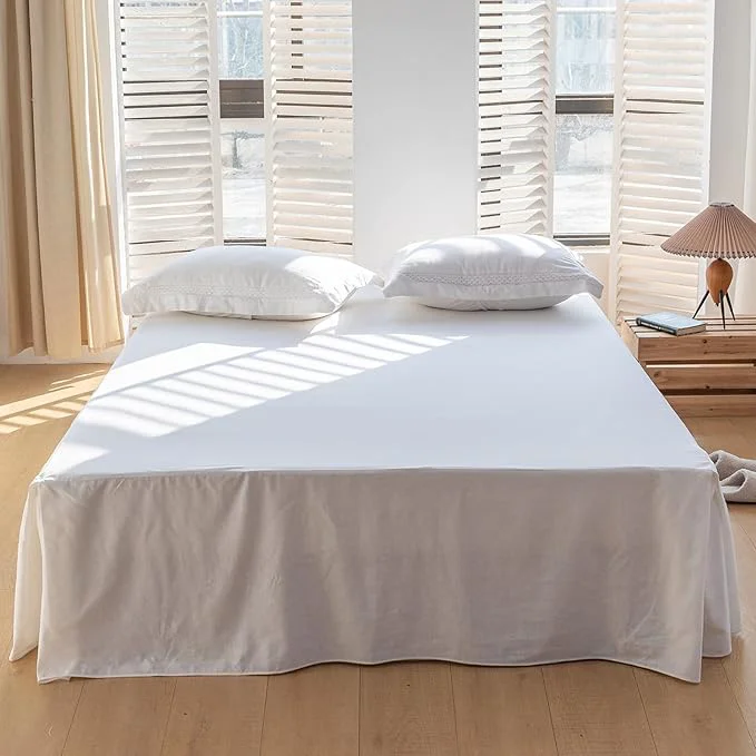 Modern BISELINA French Linen Bed Skirt with Pleated Corner 22-Inch Tailored Drop Natural Flax Cotton Blend Basic Dust Ruffle Soft Cozy Farmhouse Bedding 22 quot Queen Basic White Recyclable