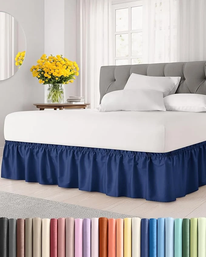 Fine Crafted Wrap Around Dust Ruffle Bed Skirt – Navy Blue – for King Size Beds with 18 Inch Drop – Elastic Strap – Adjustable Pleated Bedskirt with Brushed Fabric and Wrinkle – for Women Men Kids amp Teens Clean